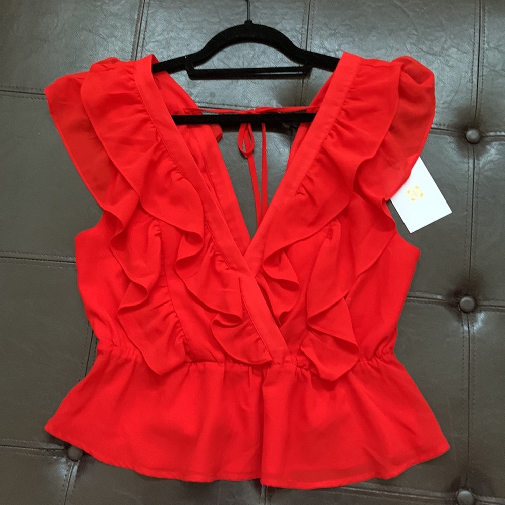 Wayf Size M Red Red Flutter Sleeve Blouse Cropped… - image 1